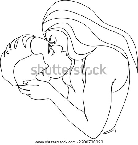 One continuous, single line  drawing of a woman and a man. Hugs of a young couple, lovers, woman and man. Doodles. Romantic.