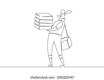 One continuous single line drawn cartoon character courier delivery pizza. Concept of the fast food delivery logo