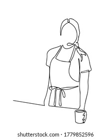 Una línea única continua trazada por el camarero con una bandeja de pedidos. Personaje empleado de un café, un restaurante en el trabajo. Mujer con café de surf de delantal. Vector una línea.