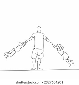 One continuous single line of father playing with his children isolated on white background.