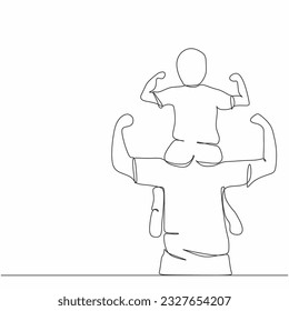 One continuous single line of father lift up his son isolated on white background.