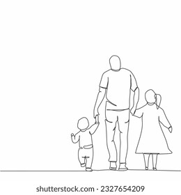 One continuous single line of father with his children isolated on white background.