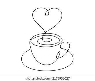 One continuous single line of hand drawn with cup of coffee decorated with heart symbol isolated on white background.