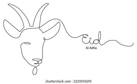 One continuous single line hand drawing of eid al adha background with big goat sheep head isolated on white background.