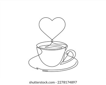 One continuous single line of hand drawn with cup of coffee decorated with heart symbol isolated on white background.