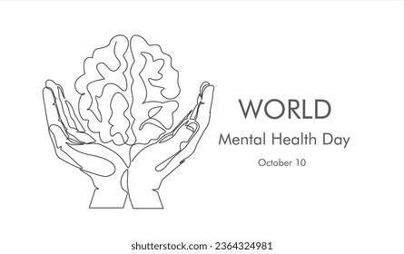 Una línea continua de las manos contiene el cerebro.  El Día Mundial de la Salud Mental se celebra cada año el 10 de octubre. 