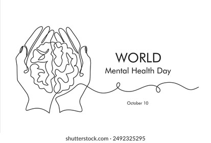 One continuous single line of hands hold brain. World Mental Health day is observed every year on October 10, A mental illness is a health problem