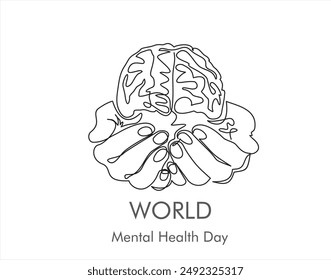 One continuous single line of hands hold brain. World Mental Health day is observed every year on October 10, A mental illness is a health problem