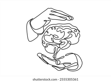 One continuous single line of hands hold brain. World Mental Health day is observed every year on October 10, A mental illness is a health problem
