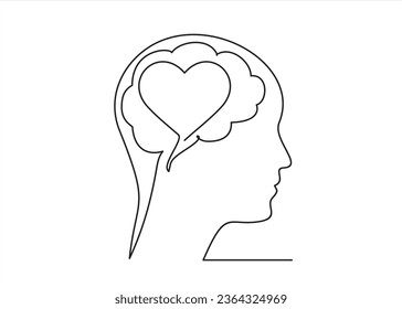 One continuous single line of head and brain silhouette with heart shape as love, mental health or emotional intelligence concept