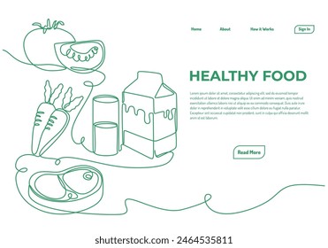 una sola línea continua de fondo de alimentos saludables con tomate, zanahorias, vaso de leche y loncha de carne de res. Fondo de la página principal de Web.