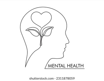 One continuous single line of human head with heart shape flower inside. Mental health concept vector illustration. Psychological therapy and treatment. World mental health day.