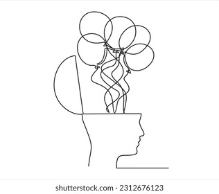 One continuous single line of human head with Balloons inside. Mental health concept vector illustration. Psychological therapy and treatment. World mental health day.