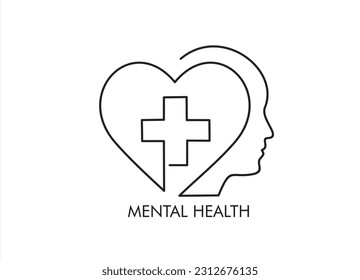 One continuous single line of human head with heart  inside. Mental health concept vector illustration. Psychological therapy and treatment. World mental health day.