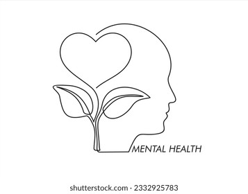 One continuous single line of human head with heart shape flower inside. Mental health concept vector illustration. Psychological therapy and treatment. World mental health day.