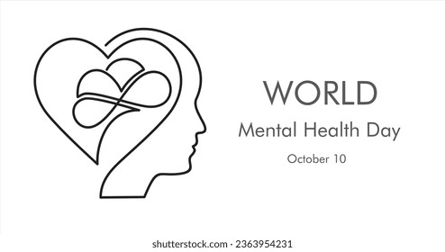 Una línea única continua de cabeza humana con corazón y cerebro adentro. Ilustración vectorial del concepto de salud mental. Terapia y tratamiento psicológico. Día mundial de la salud mental.