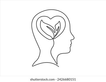One continuous single line of human head with heart shape flower inside. Mental health concept vector illustration. Psychological therapy and treatment. World mental health day.