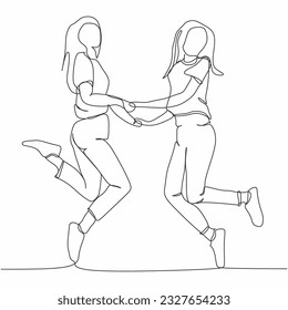 One continuous single line of jumping woman friendship day isolated on white background.