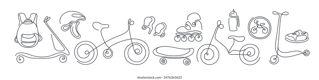 One continuous single line of kids sport. Doodle sketch of bicycle, roller, backpack and skateboard. Vector minimal sketch illustration. Fun childhood and activity summer hobby