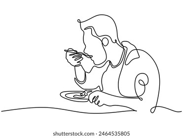 one continuous single line of man eating food on the table isolated on white background. Man have breakfast, lunch or dinner.