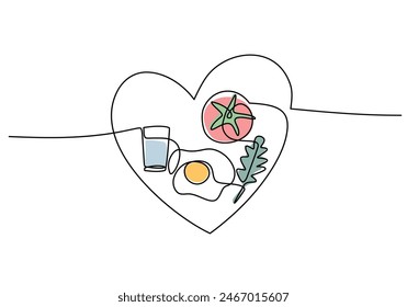 one continuous single line of milk, egg, tomato and vegetable in love symbol isolated on white background for healthy food concept.