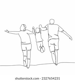 One continuous single line of mother and father lift up their daughter isolated on white background.