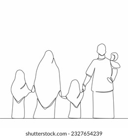 One continuous single line of muslim mother and father with their children isolated on white background.