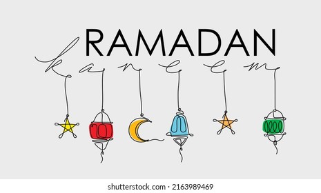 One continuous single line of ramadan kareem word with lantern isolated on white background.