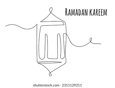Una línea única continua de palabra ramadan kareem con una gran linterna aislada en fondo blanco.	