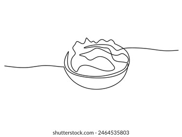 one continuous single line of salad on bowl isolated on white background. Healthy vegetarian food concept.