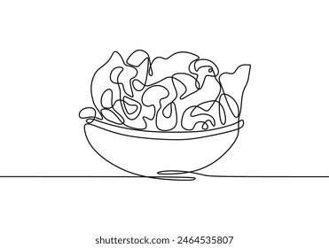 one continuous single line of salad on bowl isolated on white background. Healthy vegetarian food concept.