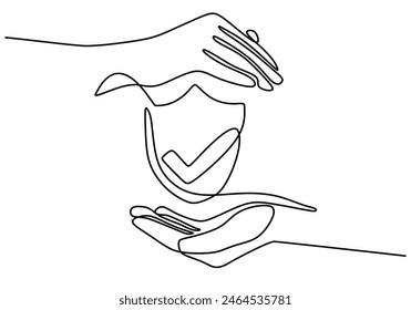 one continuous single line of shield symbol in the middle of two hands isolated on white background. Insurance concept symbol vector illustration.