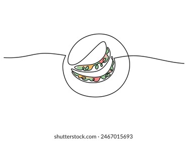 One continuous single line of taco hand drawn isolated on white background. Mexican food tacos vector illustration.