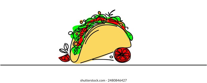 One continuous single line of taco hand drawn isolated on white background. Mexican food tacos vector illustration.