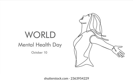 Una sola línea continua de mujeres. El Día Mundial de la Salud Mental se celebra cada año el 10 de octubre. Una enfermedad mental es un problema de salud que afecta significativamente a cómo se siente, piensa, se comporta una persona.