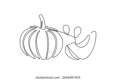 One continuous single-line drawing of a pumpkin sign. Food fruit silhouette in simple minimal linear style,  Simple outline silhouette for Halloween concept art.