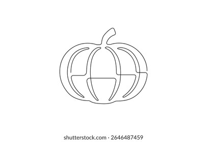 One continuous single-line drawing of a pumpkin sign. Food fruit silhouette in simple minimal linear style,  Simple outline silhouette for Halloween concept art.