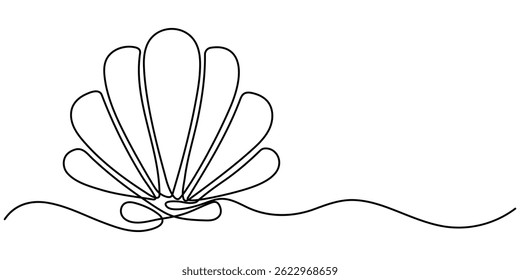 Um desenho de linha única contínuo de uma concha. Arte de uma linha de produto de beleza pérola minimalista, Pérola em uma concha desenho de arte de uma linha, abstrato contínuo um desenho de linha de ícone concha do mar.