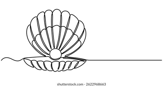 Um desenho de linha única contínuo de uma concha. Arte de uma linha de produto de beleza pérola minimalista, Pérola em uma concha desenho de arte de uma linha, abstrato contínuo um desenho de linha de ícone concha do mar.