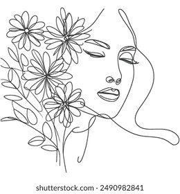 One continuous stroke depicts a woman's visage melding with wind-swept foliage in elegant simplicity.