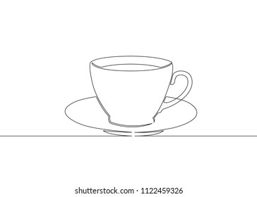 One continuous unclosed single drawn line cup of coffee. A cup of tea on a saucer.