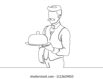 One continuous unclosed single line drawn by the waiter with an order tray. Character employee of a cafe, a restaurant at work.