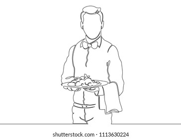 One continuous unclosed single line drawn by the waiter with an order tray. Character employee of a cafe, a restaurant at work.