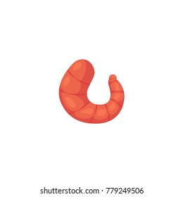 One cooked, boiled shrimp, prawn, side view cartoon vector illustration isolated on white background. Isolated cartoon illustration of one cooked prawn, shrimp