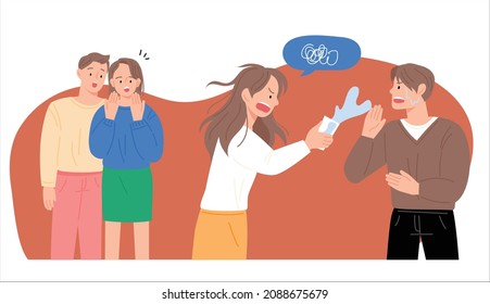 One couple is arguing and the other is surprised to see them. A woman is spraying water on a man. flat design style vector illustration.