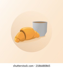 one croissant and cup of coffee in a circle on beige background