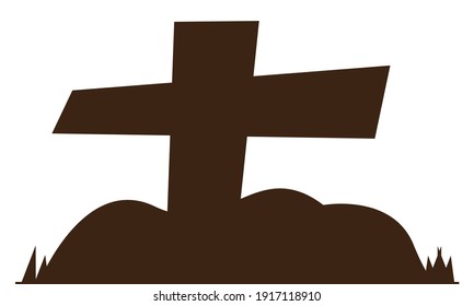 One Cross Silhouette vector art on isolated white background. Landscape Scenery, wallpaper banner art design. Vector Illustration. Christian silhouette cross old tomb graphic poster