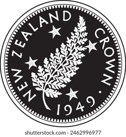 One crown New Zealand coin 1949 vector design with silver fern handmade silhouette.