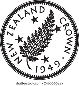 One crown New Zealand coin 1949 vector design with silver fern handmade silhouette.	