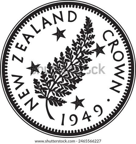 One crown New Zealand coin 1949 vector design with silver fern handmade silhouette.	